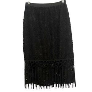Black Bohemian Lace & Fringe Midi Skirt Size L Boho Festival Witchy Whimsigoth